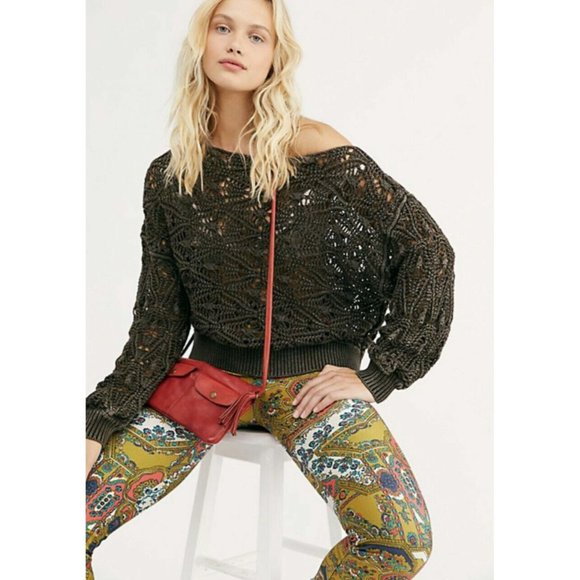 NEW Free People Bittersweet Brown Off Shoulder Crochet Sweater Open Knit - Large - Picture 1 of 6